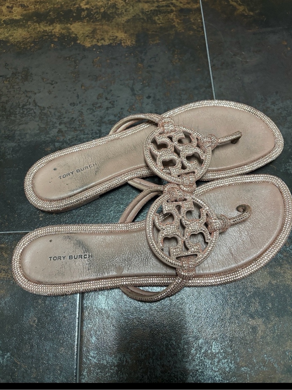 Tory Burch Metallic Rose Gold Logo Thong Sandals
